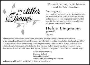 Traueranzeige von Helga Lingmann von Südthüringer Presse