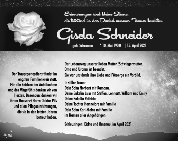 Traueranzeige von Gisela Schneider von Südthüringer Presse