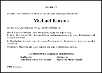 Traueranzeige von Michael Karaus von Südthüringer Presse