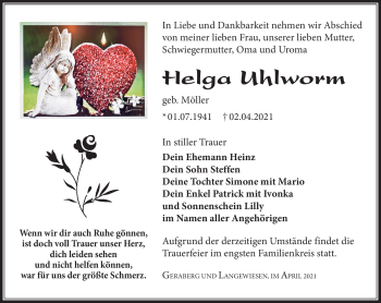 Traueranzeige von Helga Uhlworm von Südthüringer Presse