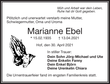 Traueranzeige von Marianne Ebel von Frankenpost