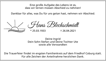 Traueranzeige von Hans Blechschmidt von Neue Presse Coburg