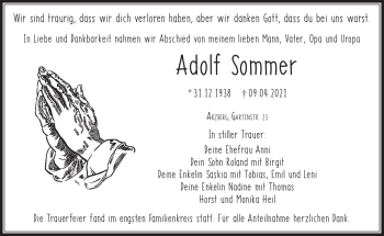 Traueranzeige von Adolf Sommer von Frankenpost