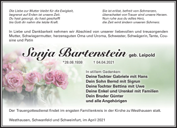 Traueranzeige von Sonja Bartenstein von Südthüringer Presse