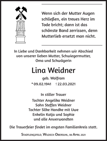 Traueranzeige von Lina Weidner von Südthüringer Presse