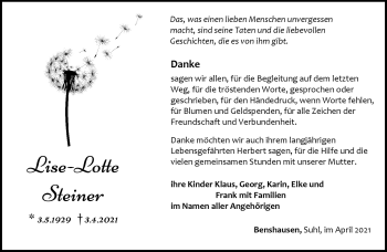 Traueranzeige von Lise-Lotte Steiner von Südthüringer Presse