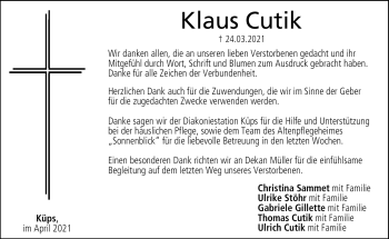 Traueranzeige von Klaus Cutik von Neue Presse Coburg