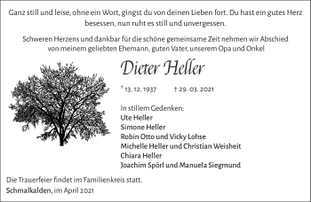 Traueranzeige von Dieter Heller von Südthüringer Presse