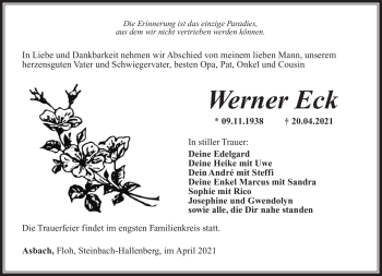 Traueranzeige von Werner Eck von Südthüringer Presse