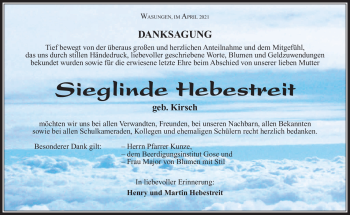 Traueranzeige von Sieglinde Hebestreit von Südthüringer Presse