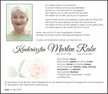 Traueranzeige von Marlen Rabe von Südthüringer Presse
