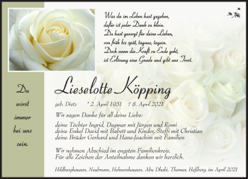 Traueranzeige von Lieselotte Köpping von Südthüringer Presse