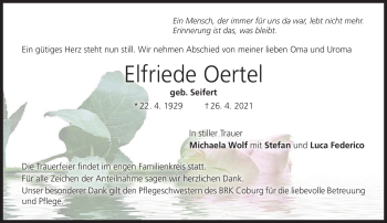 Traueranzeige von Elfriede Oertel von Neue Presse Coburg