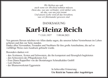 Traueranzeige von Karl-Heinz Reich von Südthüringer Presse