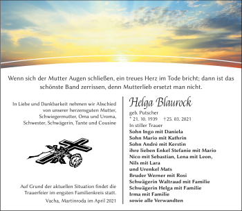 Traueranzeige von Helga Blaurock von Südthüringer Presse