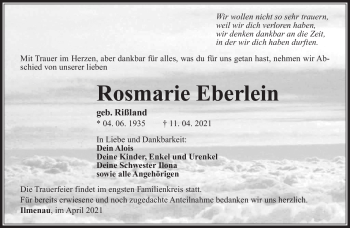 Traueranzeige von Rosemarie Eberlein von Südthüringer Presse