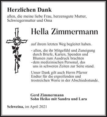 Traueranzeige von Hella Zimmermann von Südthüringer Presse