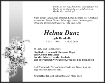 Traueranzeige von Helma Danz von Südthüringer Presse