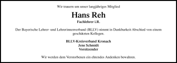 Traueranzeige von Hans Reh von Neue Presse Coburg
