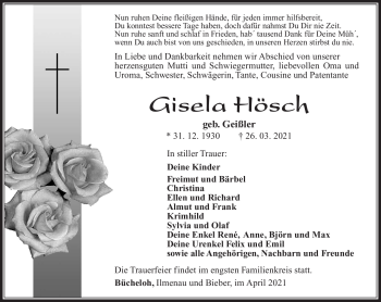 Traueranzeige von Gisela Hösch von Südthüringer Presse