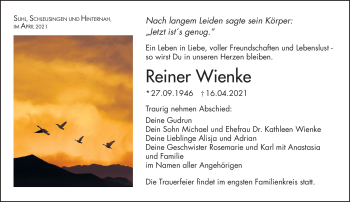 Traueranzeige von Reiner Wienke von Südthüringer Presse