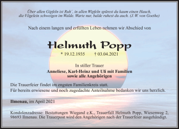 Traueranzeige von Helmut Popp von Südthüringer Presse