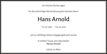 Traueranzeige von Hans Arnold von Südthüringer Presse