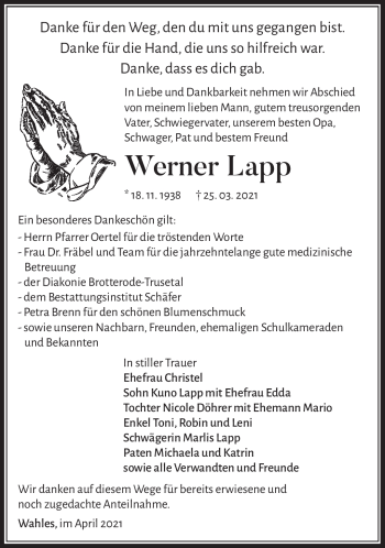 Traueranzeige von Werner Lapp von Südthüringer Presse