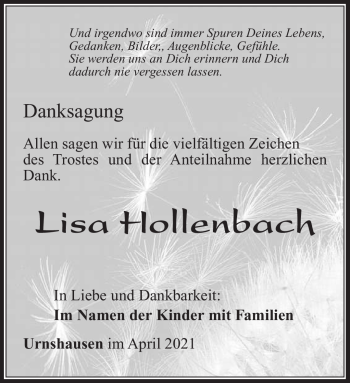 Traueranzeige von Lisa Hollenbach von Südthüringer Presse