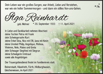 Traueranzeige von Ilga Reinhadt von Südthüringer Presse