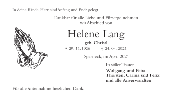 Traueranzeige von Helene Lang von Frankenpost