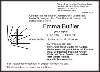 Traueranzeige von Emma Bußler von Frankenpost