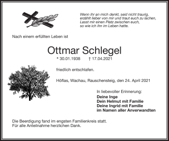 Traueranzeige von Ottmar Schlegel von Frankenpost