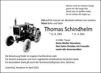 Traueranzeige von Thomas Schindhelm von Südthüringer Presse