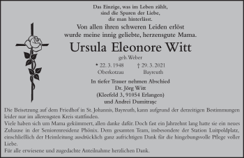 Traueranzeige von Ursula Witt von Frankenpost
