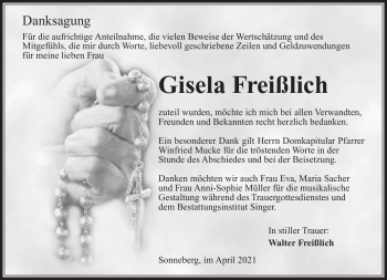 Traueranzeige von Gisela Freißlich von Südthüringer Presse