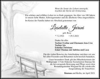 Traueranzeige von Lieselotte Jaroni von Südthüringer Presse