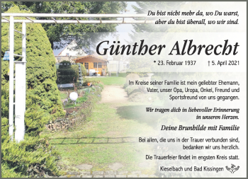 Traueranzeige von Günther Albrecht von Südthüringer Presse
