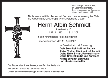 Traueranzeige von Albin Schmidt von Frankenpost