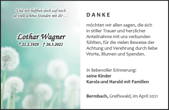 Traueranzeige von Lothar Wagner von Südthüringer Presse