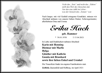Traueranzeige von Erika Hack von Südthüringer Presse