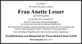 Traueranzeige von Anette Lesser von Südthüringer Presse