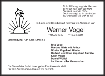 Traueranzeige von Werner Vogel von Frankenpost