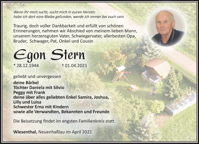 Traueranzeige für Egon Stern vom 10.04.2021 aus Südthüringer Presse
