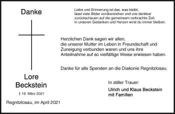 Traueranzeige von Lore Beckstein von Frankenpost