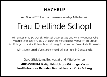 Traueranzeige von Dietlinde Schopf von Neue Presse Coburg