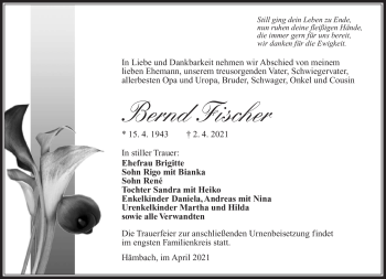 Traueranzeige von Bernd Fischer von Südthüringer Presse