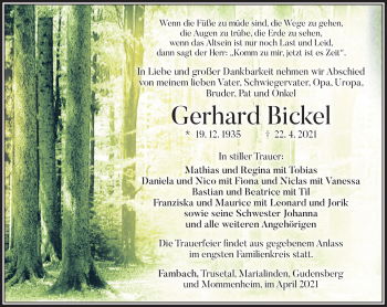 Traueranzeige von Gerhard Bickel von Südthüringer Presse