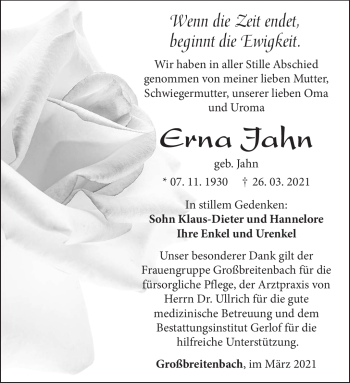 Traueranzeige von Erna Jahn von Südthüringer Presse