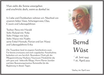 Traueranzeige von Bernd Wüst von Südthüringer Presse